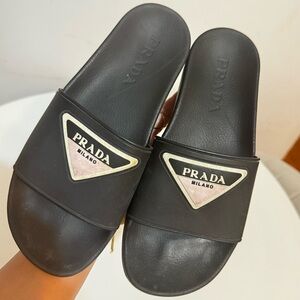 Authentic Prada black rubber triangle logo slides sandals